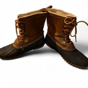 Brown and navy ESpirit duck boots.